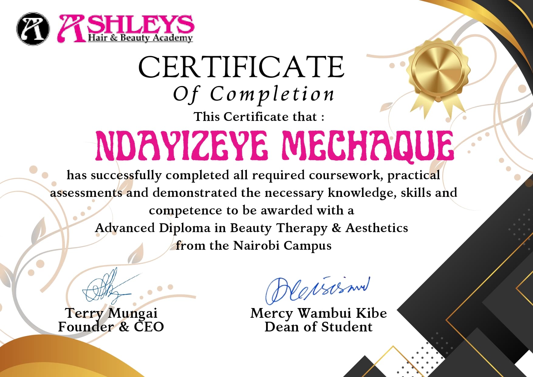 Ashley's Hair & Beauty Academy — Advanced Diploma in Beauty Therapy & Aesthetics awarded to Ndayizeye Mechaque